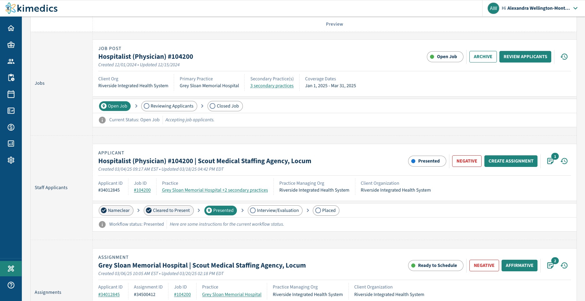 Kimedics Jobs, Staff Applicants, and Assignments records for a hospitalist posting, with status badges and workflow steppers.